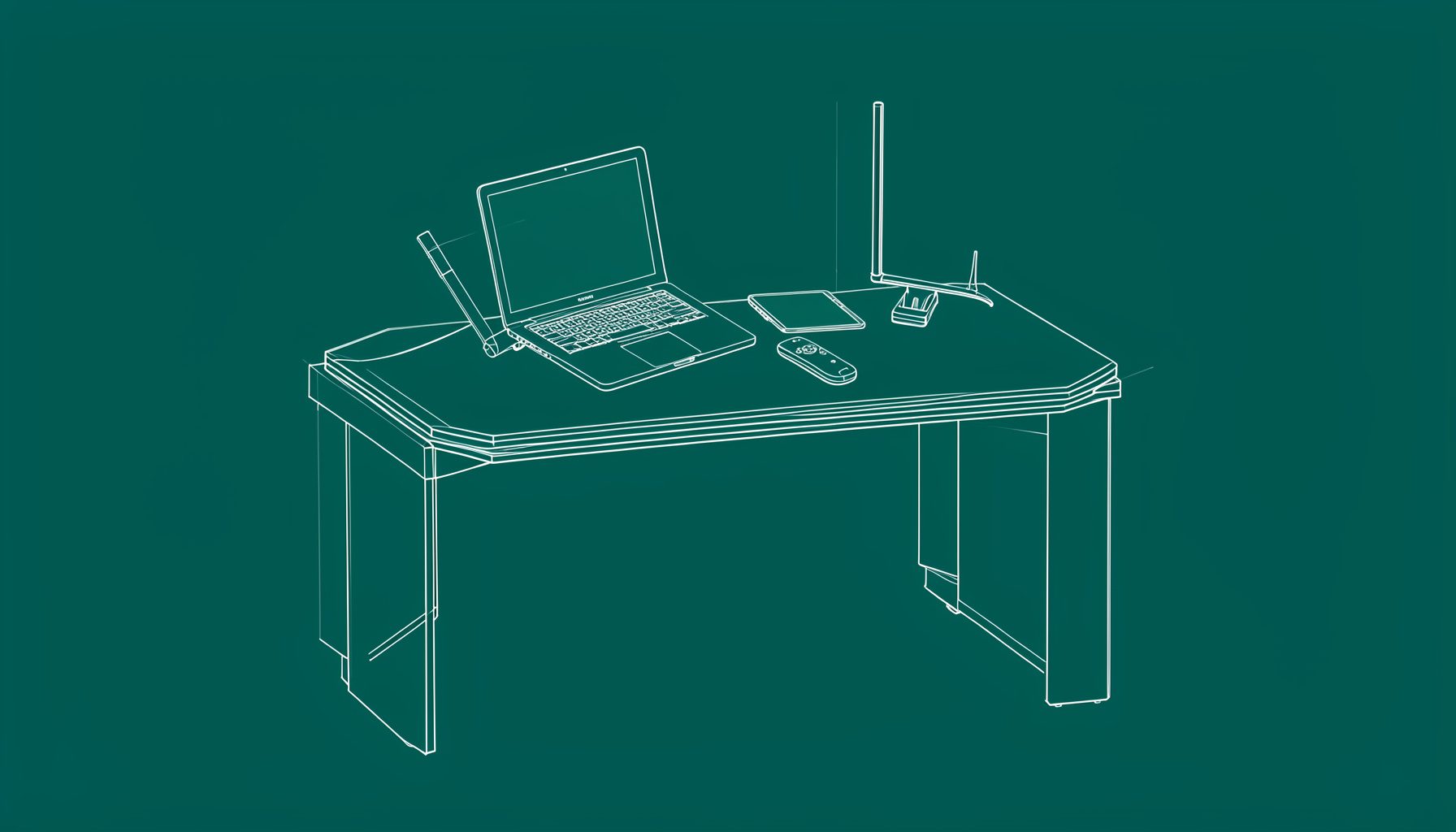 A technical blueprint-style drawing of a teacher's desk with a laptop, tablet, and interactive whiteboard remote