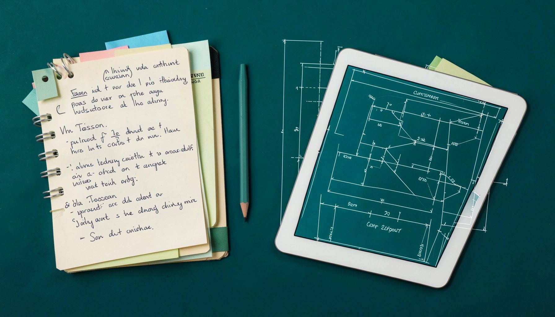 A flat-lay overhead view of teacher planning materials: a spiral notebook with handwritten lesson notes, colored sticky notes, and a tablet