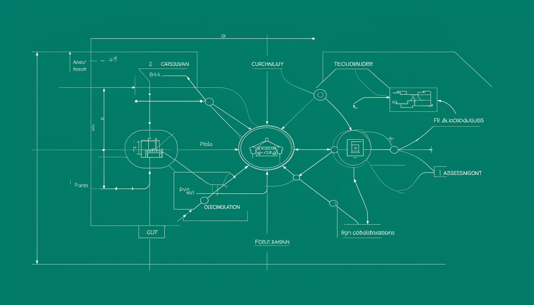 A technical blueprint-style drawing of a project-based unit planning framework, showing interconnected nodes labeled with instructional stages.