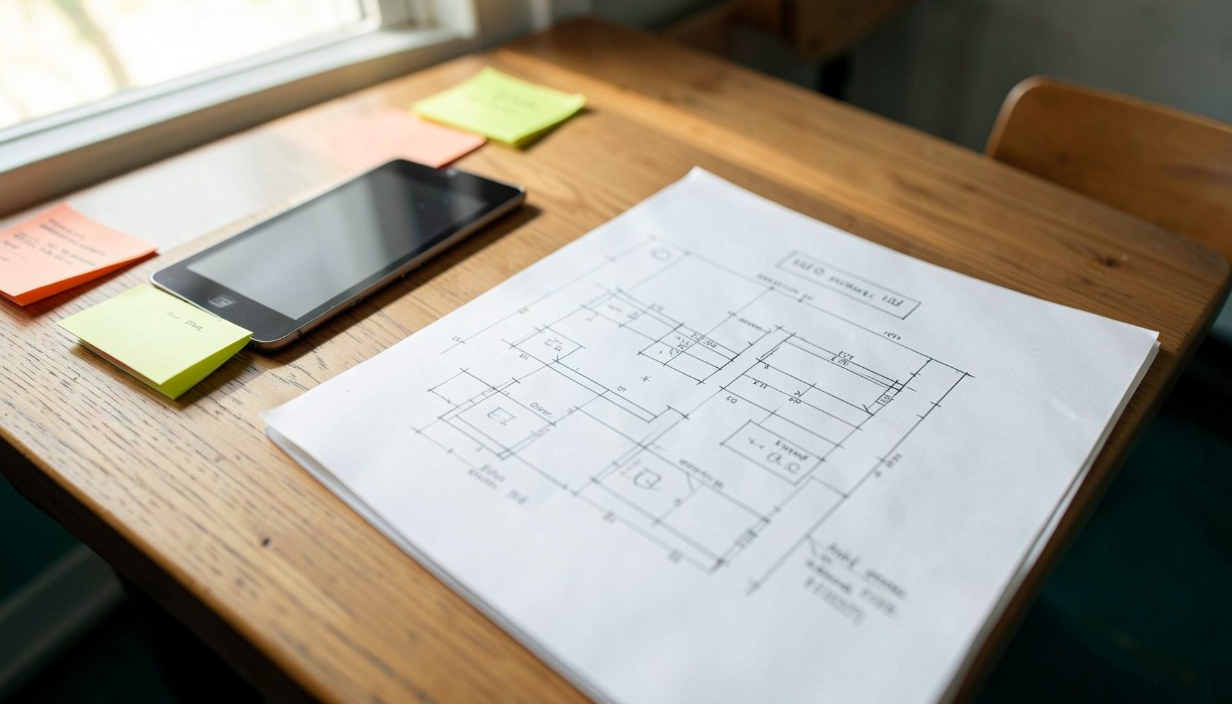 A softly lit classroom table with a tablet, colorful sticky notes, and a hand-drawn project planning chart on paper, warm wood tones throughout.