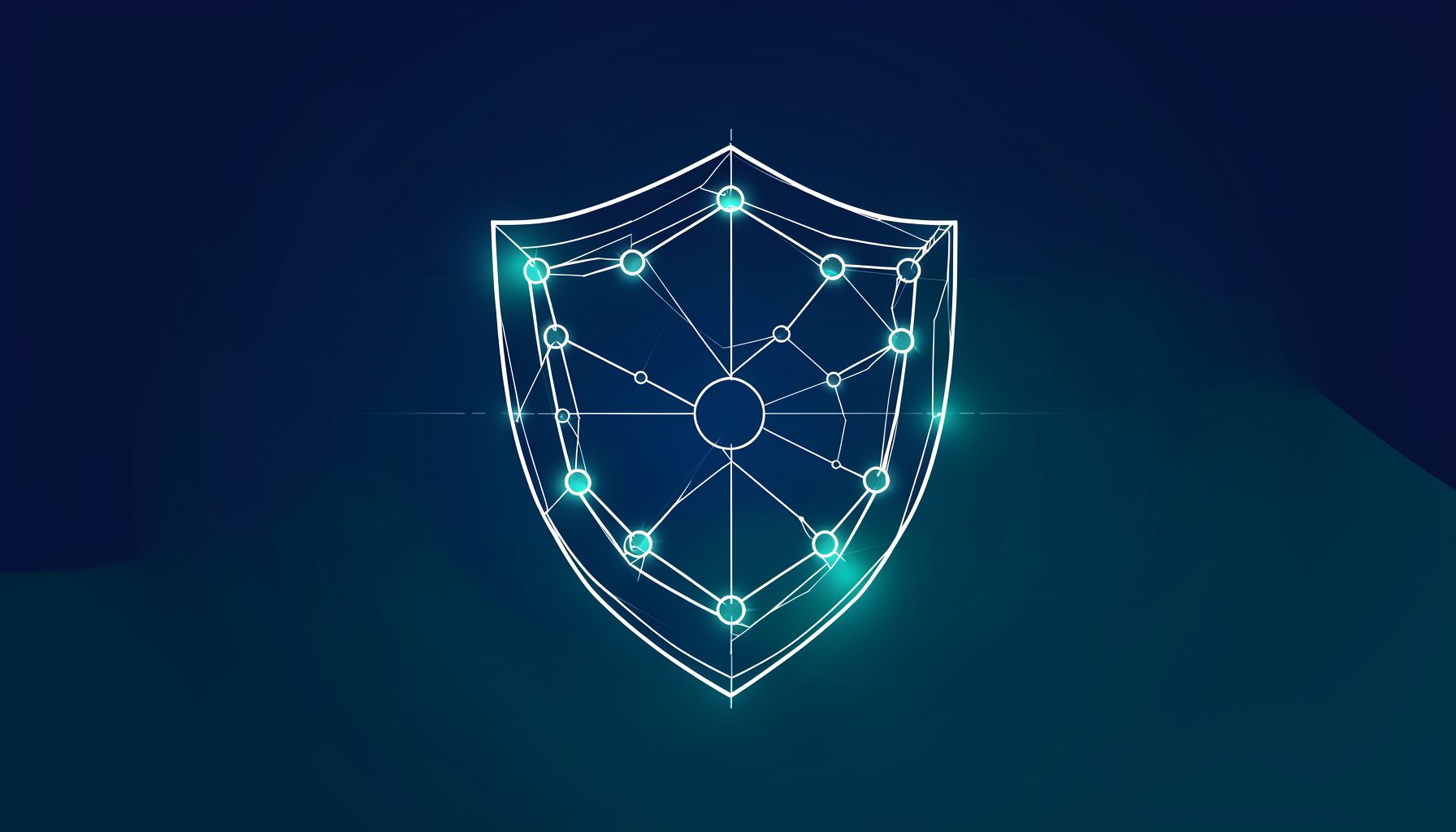 A calm digital illustration of a shield icon formed from interconnected glowing nodes, set against a deep navy-blue background