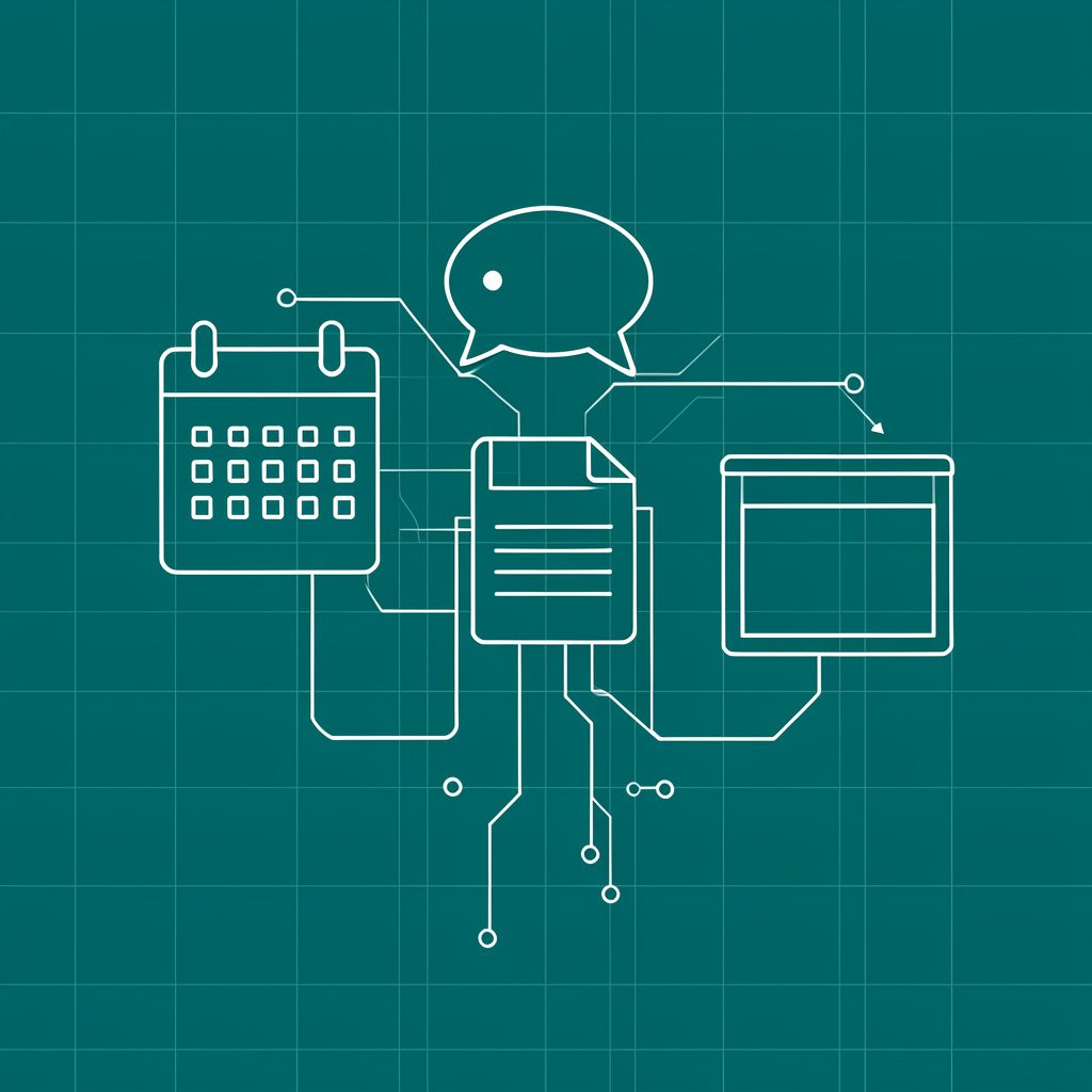 A technical blueprint-style drawing of interconnected digital tool icons — a calendar, a chat bubble, a document, and a video player — linked in a classroom workflow.