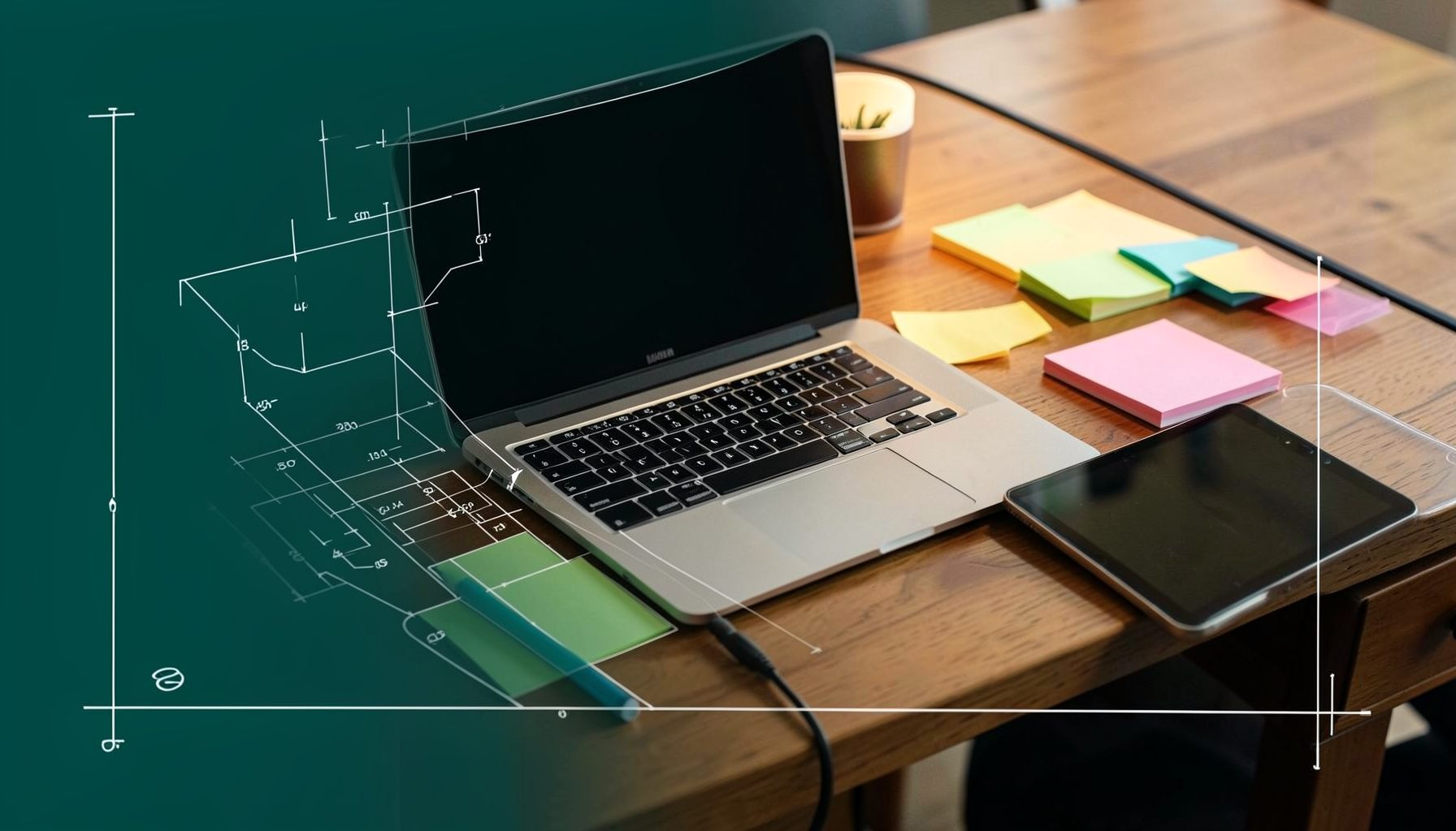 A softly lit teacher's desk with a laptop, tablet, and colorful sticky notes arranged across a warm wooden surface