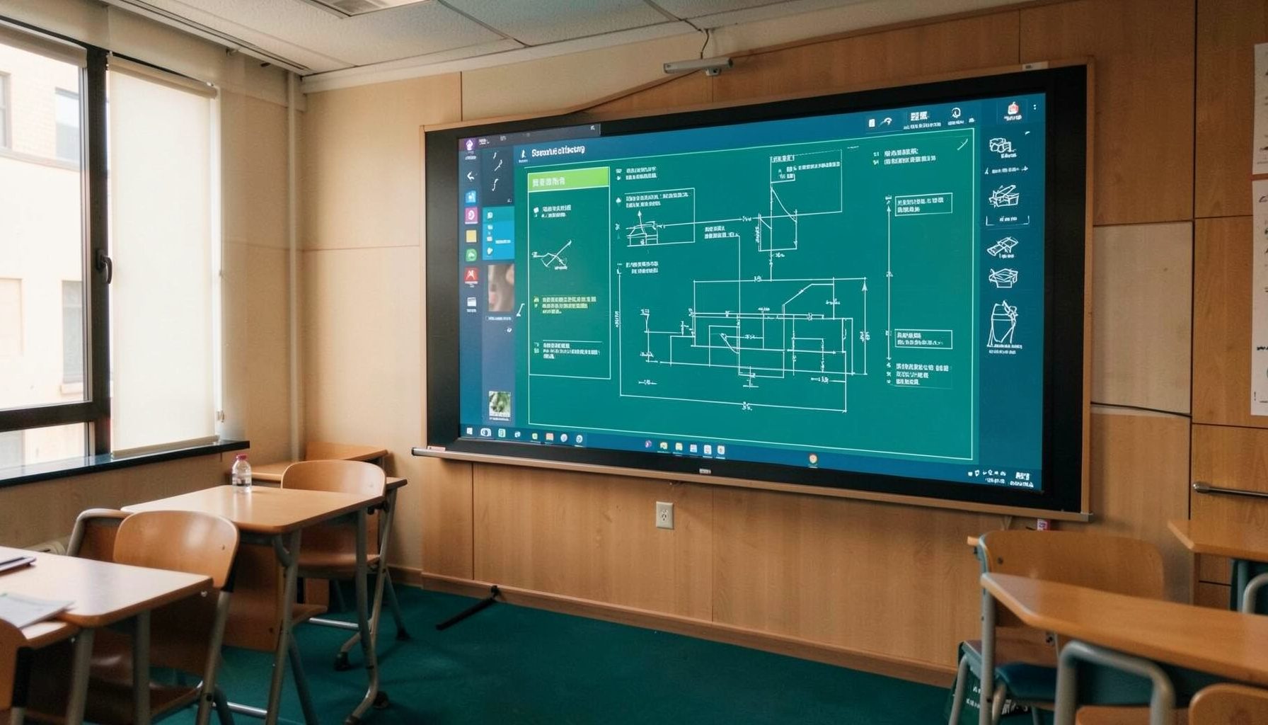 A softly lit classroom with a large interactive whiteboard displaying colorful educational content, warm wood tones and natural light creating an inviting learning space.